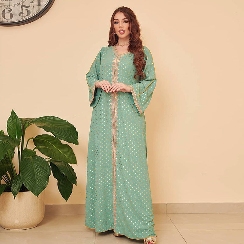 Gorgeous mint green embroidered kaftan dress with bell sleeves, gold trim, langry fashion ملابس