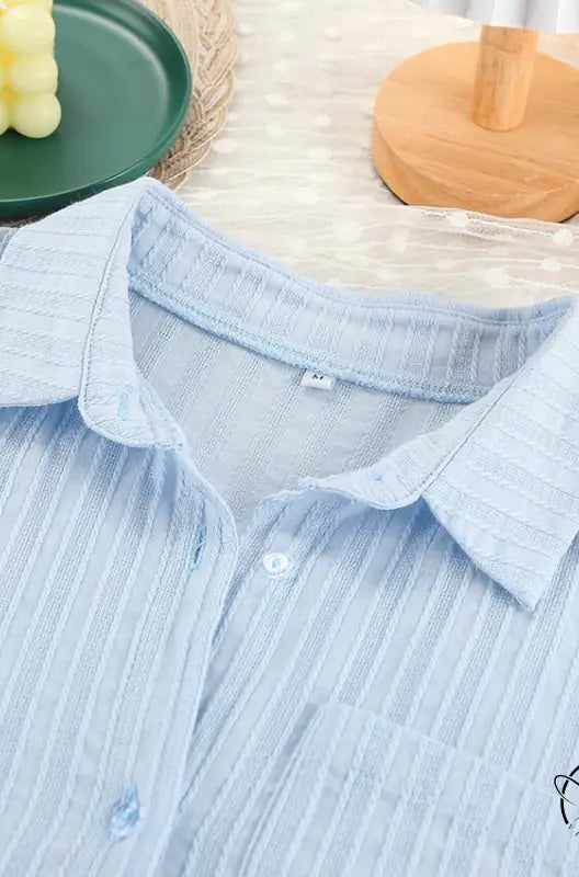 Light blue collared pure cotton long sleeve home wear pajama shirt