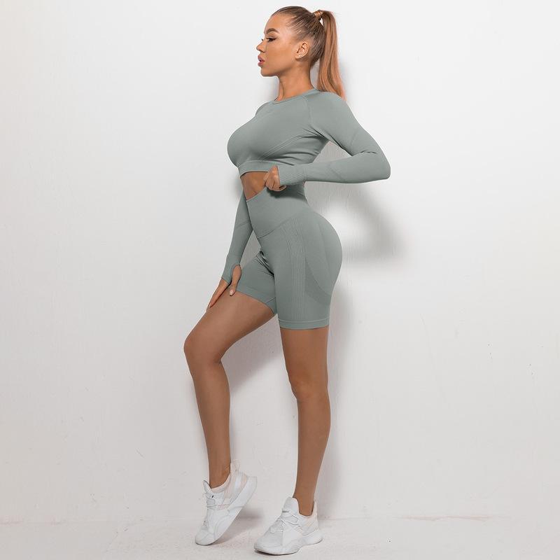 Seamless Pleated Peach Hip Long Sleeve Yoga Suit