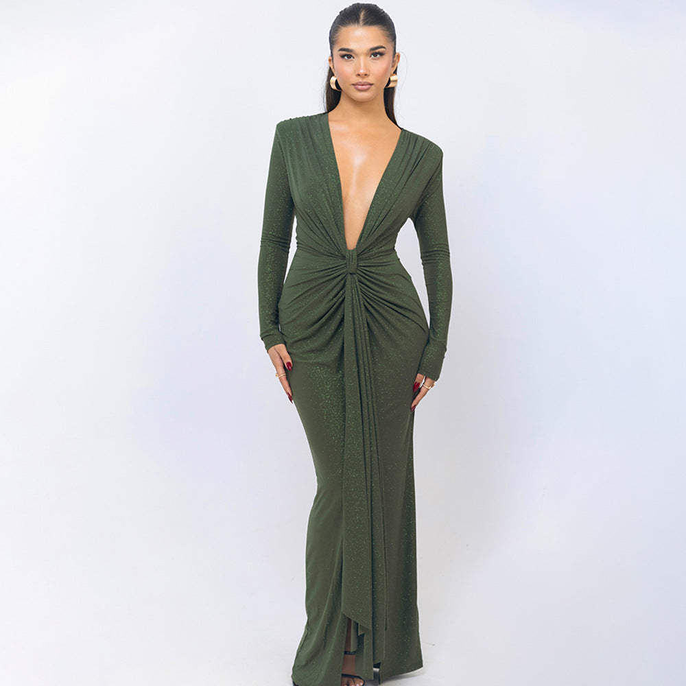 Olive green long-sleeved plunging neckline gown from Beautiful Slit Slim Fitting Dress