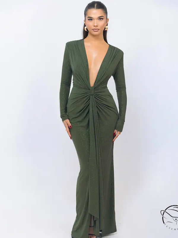 Olive green slim fitting dress with plunging neckline and slit