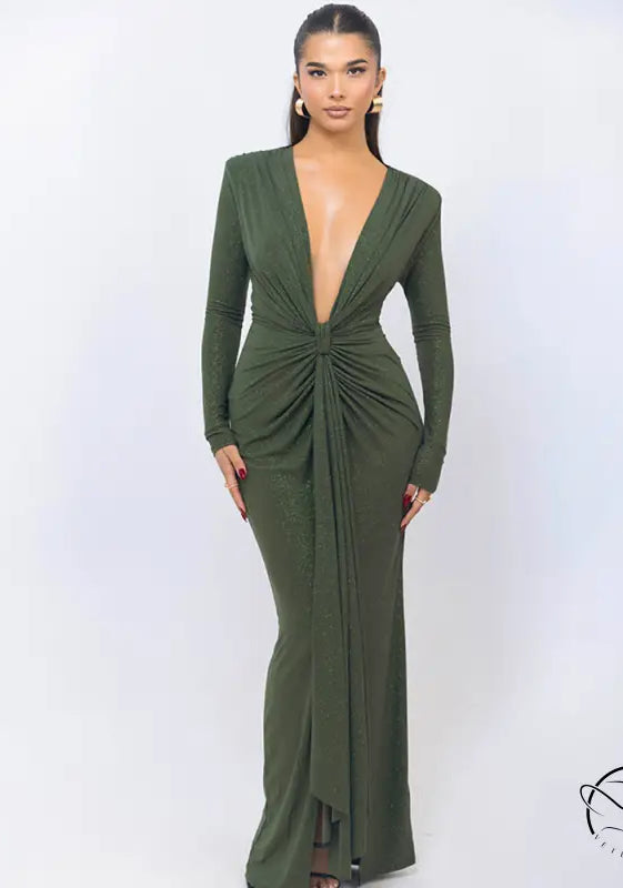 Olive green slim fitting dress with plunging neckline and slit