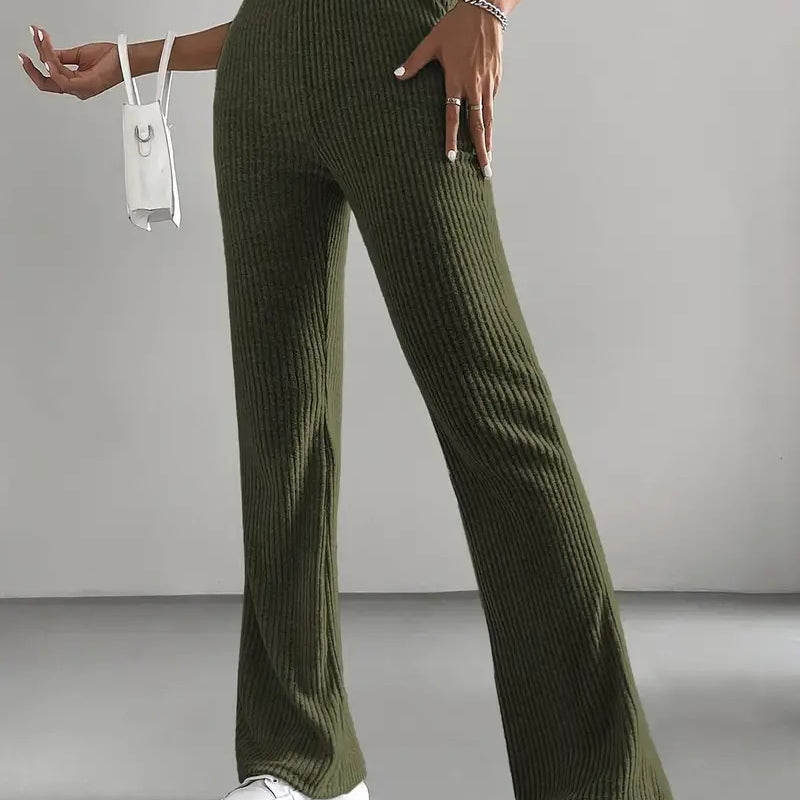 Casual knitted women’s ribbed flare pants in olive green from Langry’s match pants collection