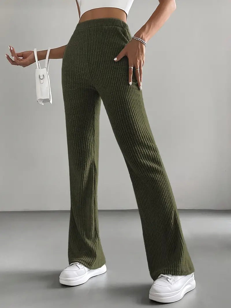 Casual knitted women’s ribbed flare pants in olive green from Langry’s match pants collection