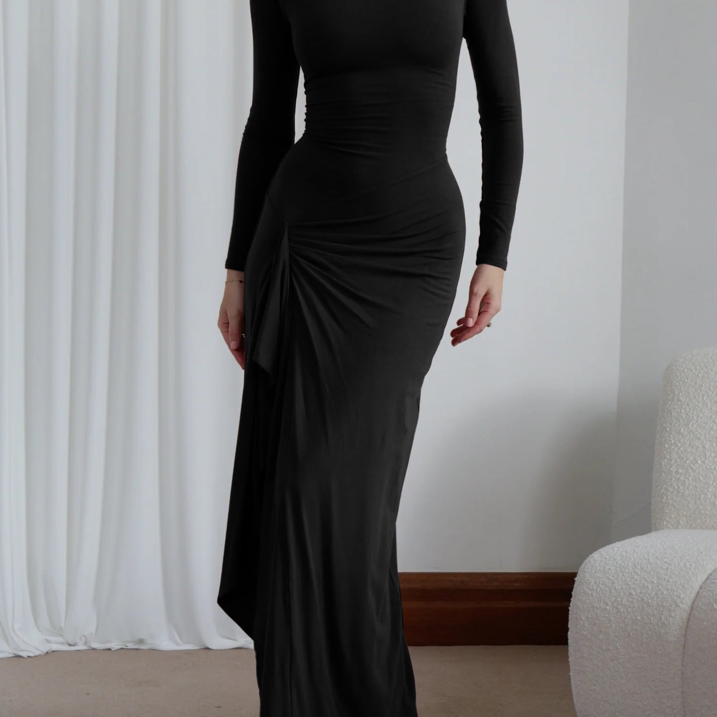 Long-sleeved black maxi dress from Casual Lace Up Stretch Dress collection, stylish and langry fashion choice