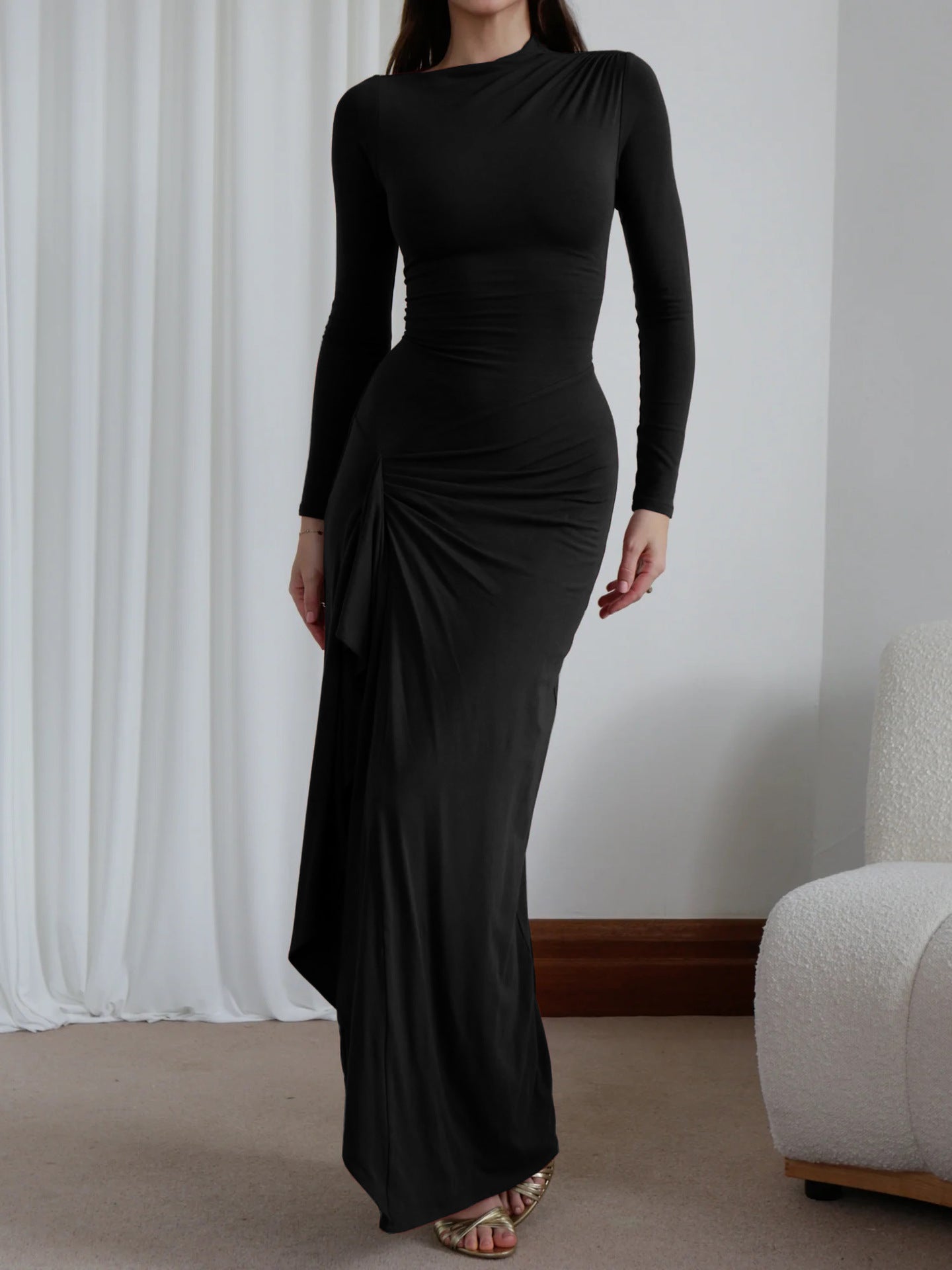 Long-sleeved black maxi dress from Casual Lace Up Stretch Dress collection, stylish and langry fashion choice