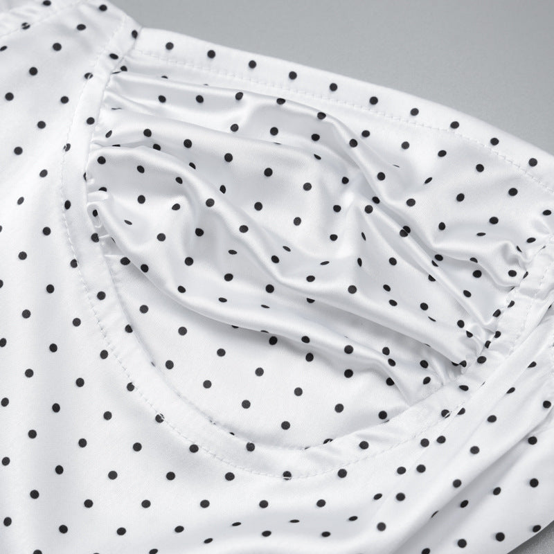 White polka dot puff sleeve top for sexy sling slim-fit or sling slim-fit midi dress styles