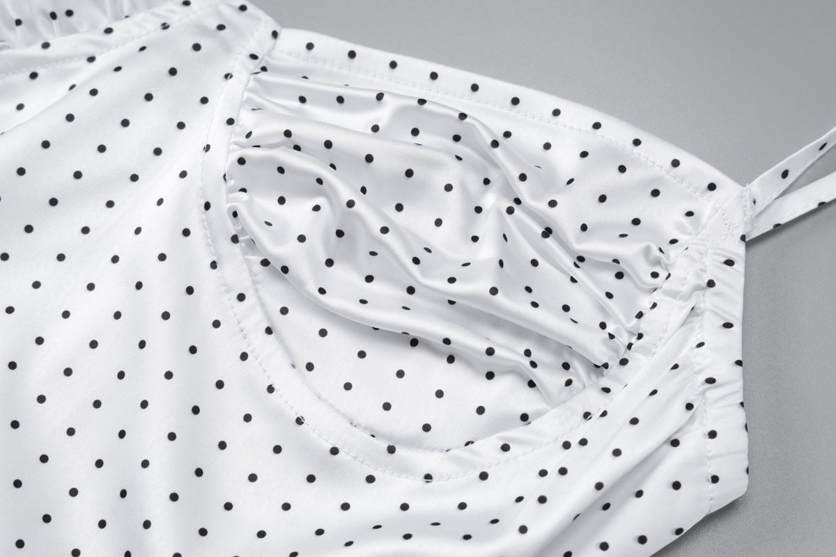 White polka dot puff sleeve top for sexy sling slim-fit or sling slim-fit midi dress styles