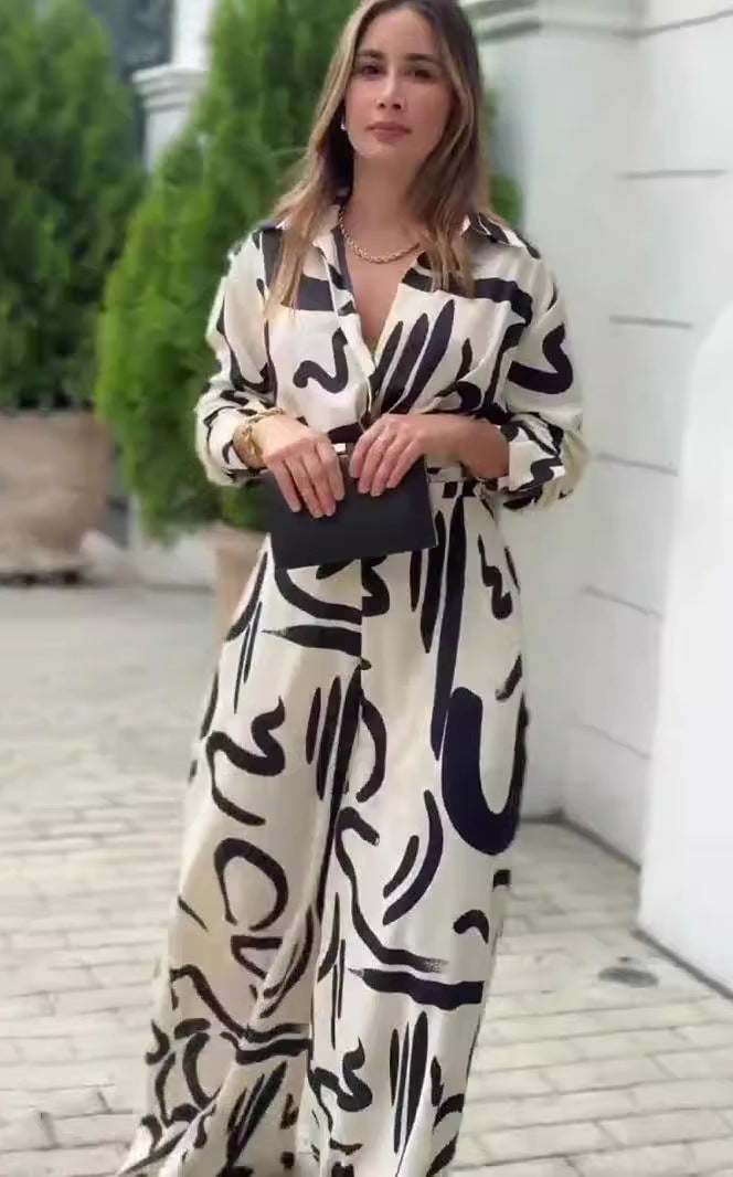 Abstract-patterned jumpsuit showcasing summer fashion and stylish ملابس for office casual wear