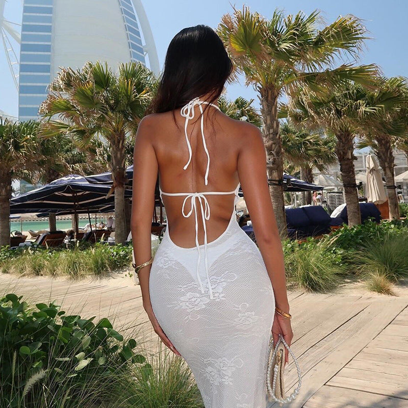 White lace mesh halter dress from LACE UP MESH HALTER DRESS collection, stylish and elegant