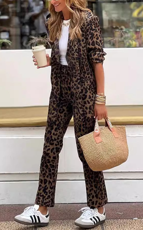 Leopard print casual cardigan and work pant set for stylish fashion and ملابس versatility