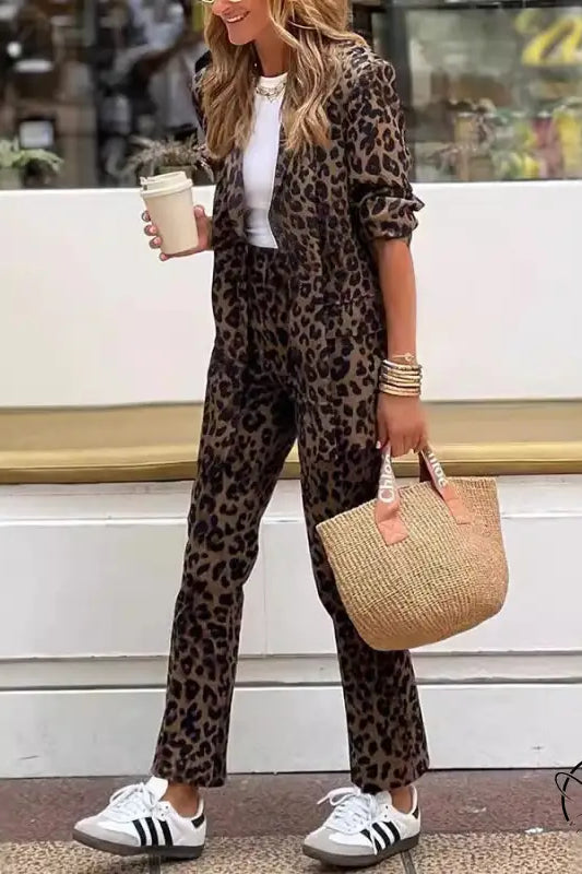 Leopard print casual cardigan coat with matching pantsuit