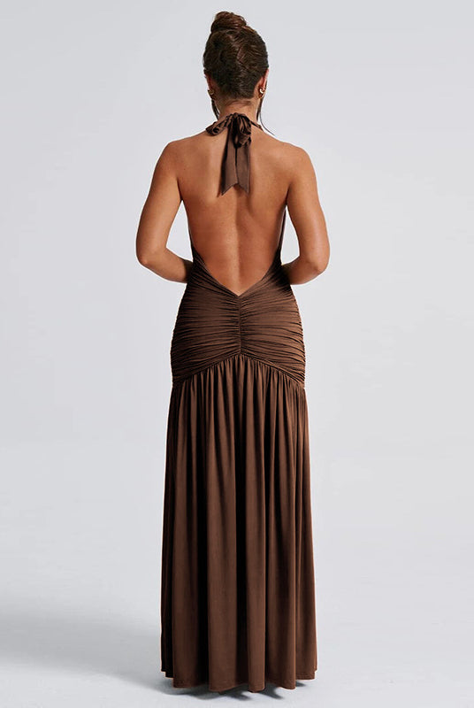 Brown halter-neck maxi dress showcasing elegant pleats, ideal for langry fashion ملابس