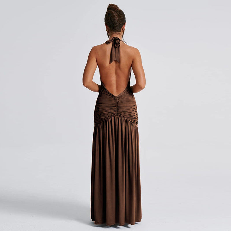 Brown halter-neck maxi dress showcasing elegant pleats, ideal for langry fashion ملابس