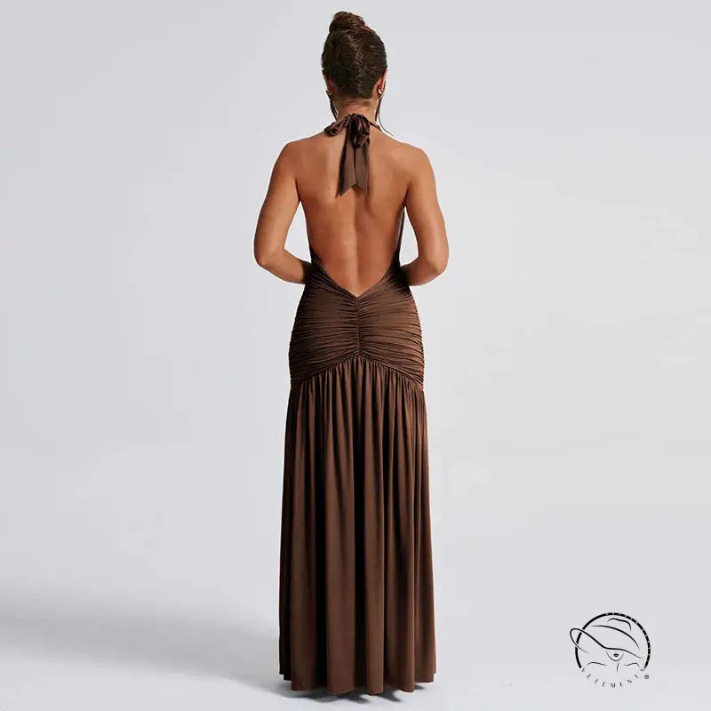 Elegant brown halter-neck maxi dress in langry fashion ملابس