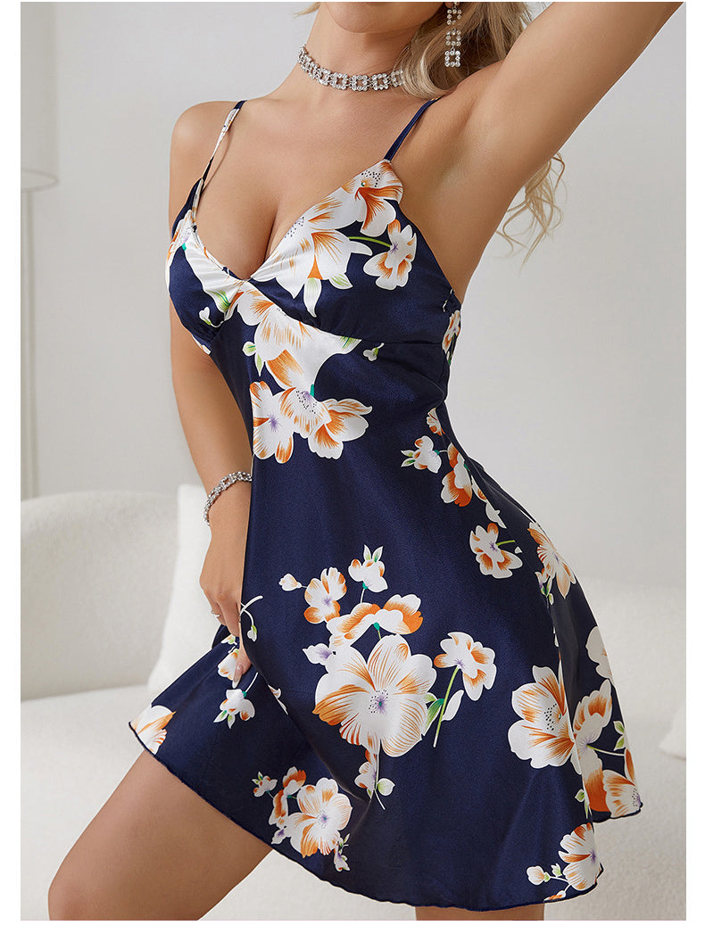 Navy blue satin langry slip dress with white orange floral print