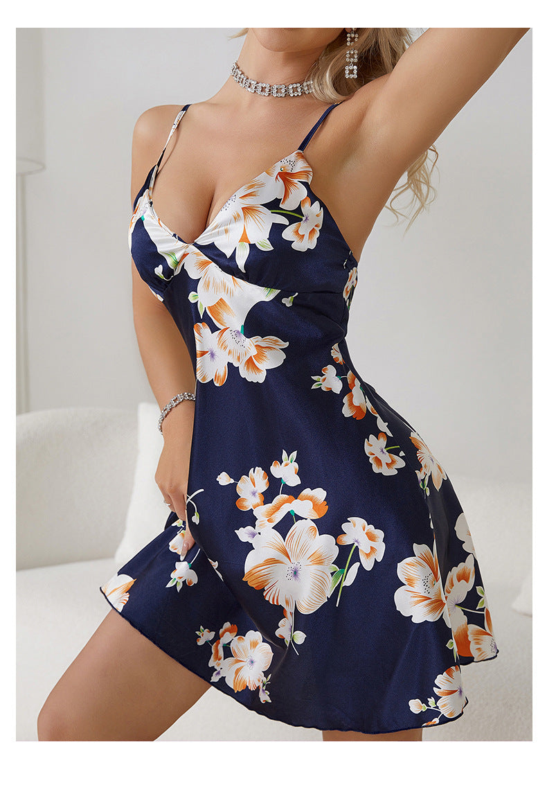Navy blue satin langry slip dress with white orange floral print