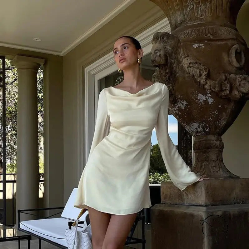 Enchanting short A-line dress with creamy cowl-neck in Langry fashion