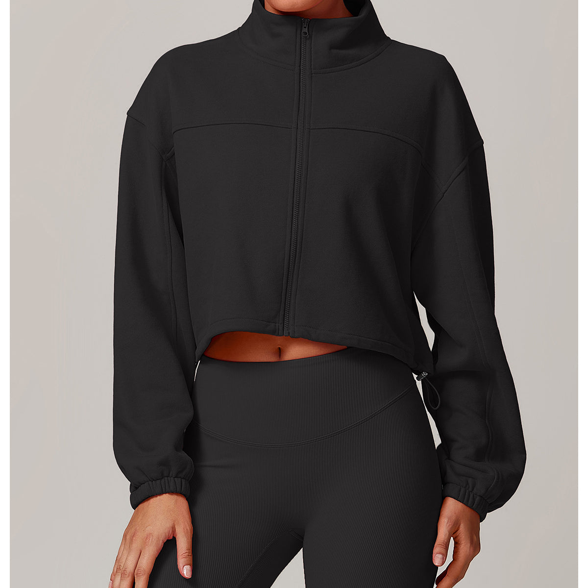 Black cropped zip-up turtleneck sweatshirt, ideal for casual fitness and fall fashion ملابس