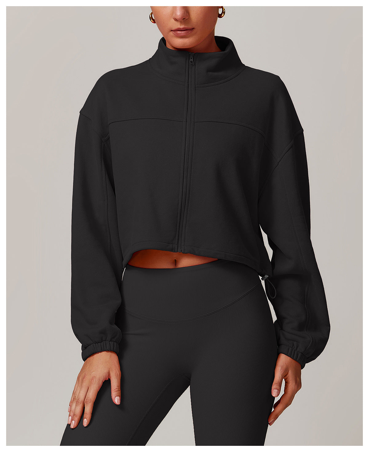 Black cropped zip-up turtleneck sweatshirt, ideal for casual fitness and fall fashion ملابس