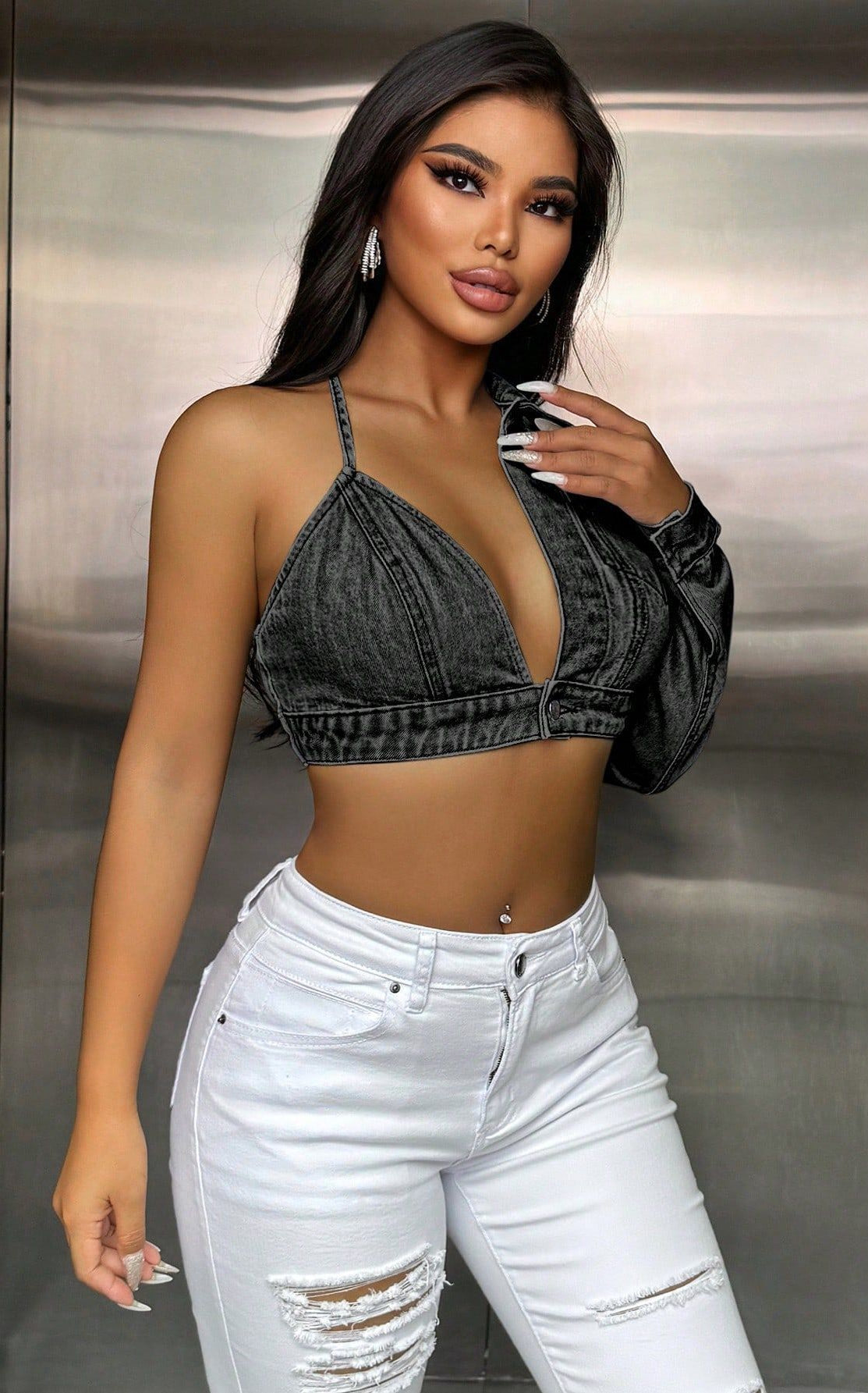 Popular Strap Matching Long Sleeve Denim Top