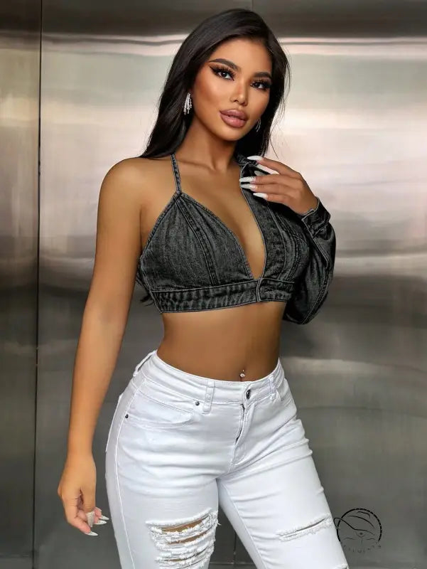 Popular Strap Matching Long Sleeve Denim Top