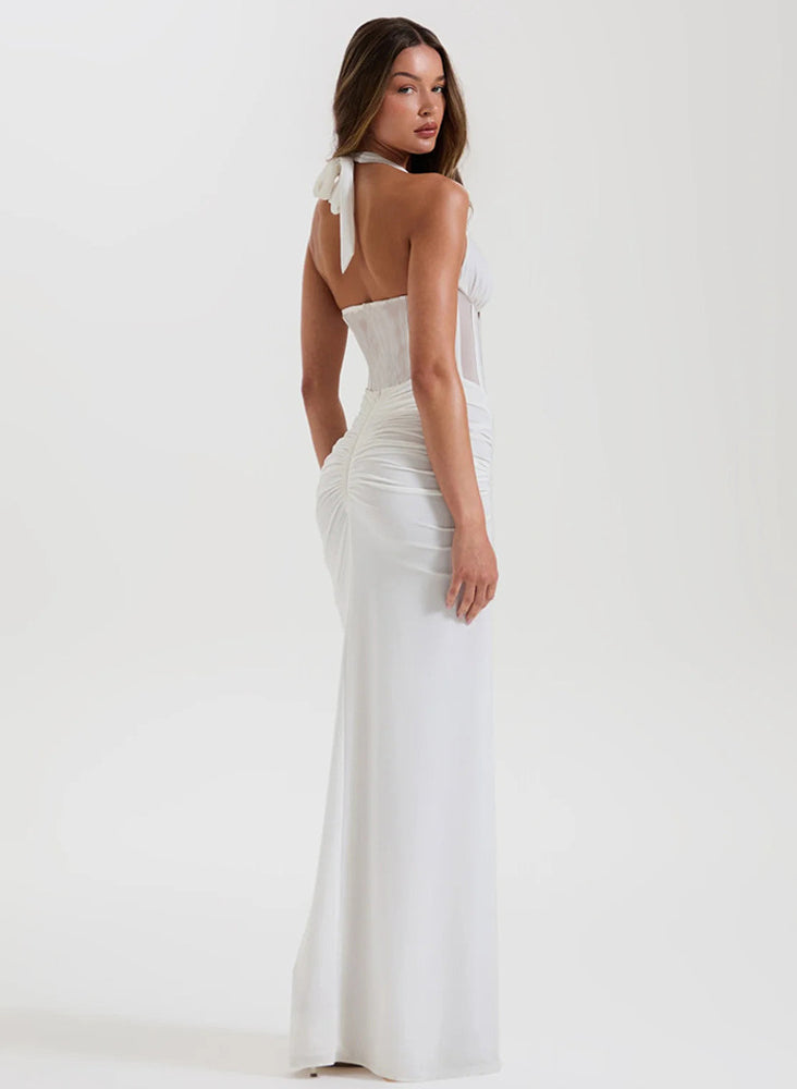 Elegant white satin maxi sheath dress with shoulder bow detail, Langry fashion ملابس