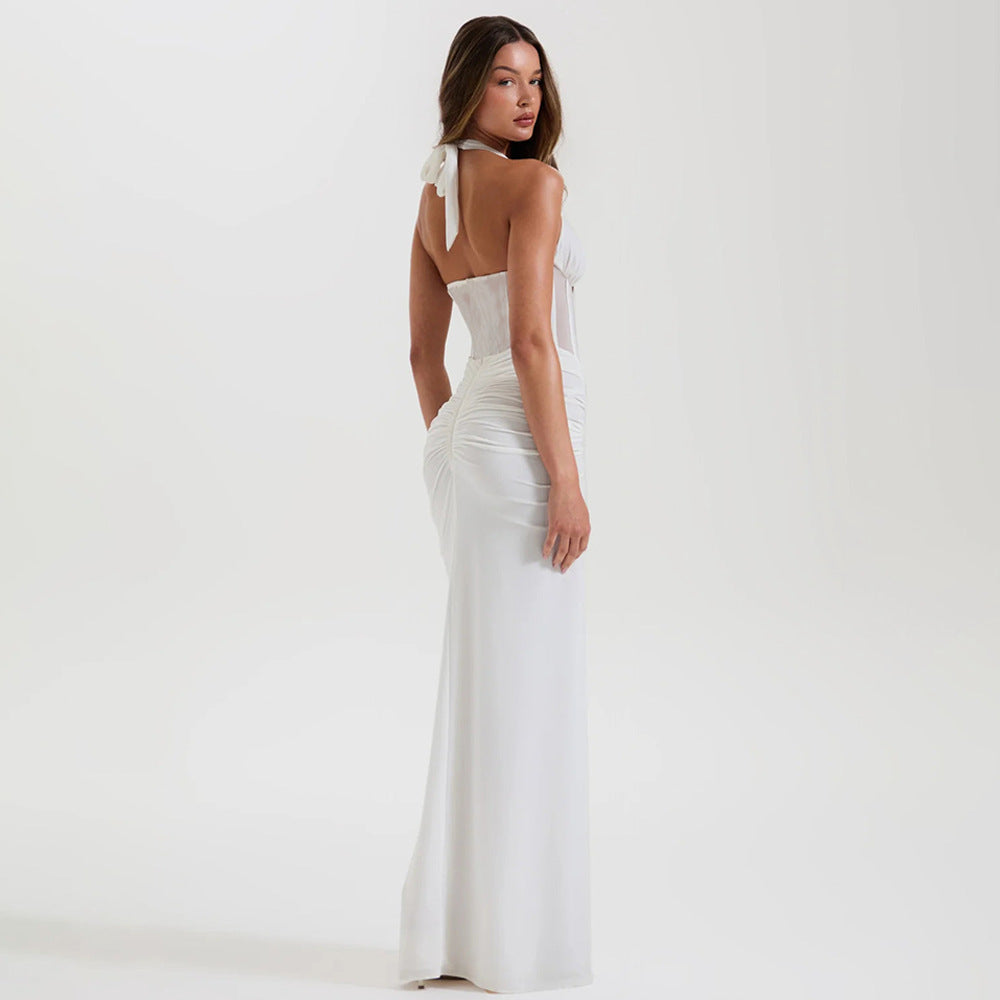 Elegant white satin maxi sheath dress with shoulder bow detail, Langry fashion ملابس