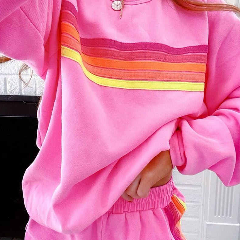 Pink sweatshirt with orange and yellow retro stripes in Loose Slim Fit Casual Two Piece Sets
