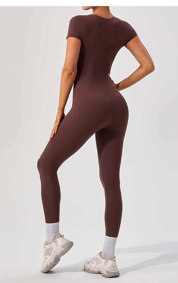 Sleek langry brown yoga fitness bodysuit in form-fitting one-piece fashion