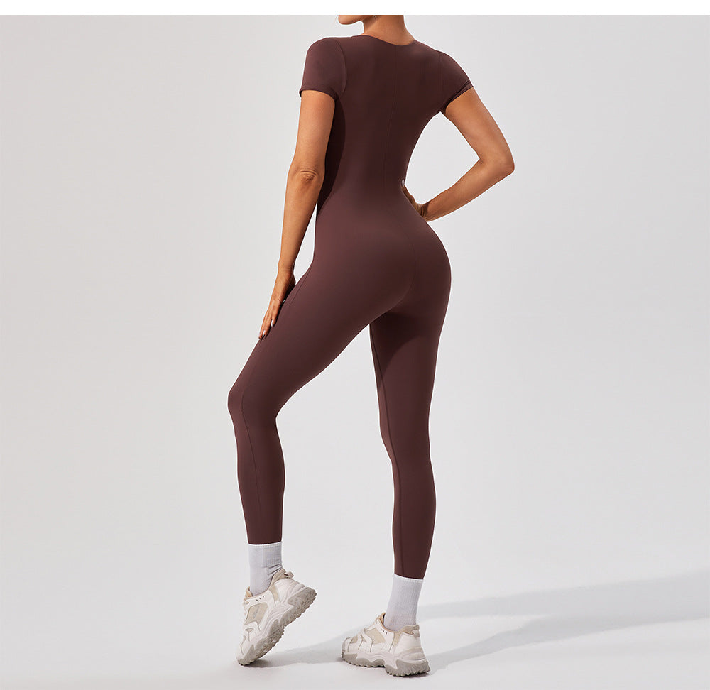 Sleek langry brown yoga fitness bodysuit in form-fitting one-piece fashion
