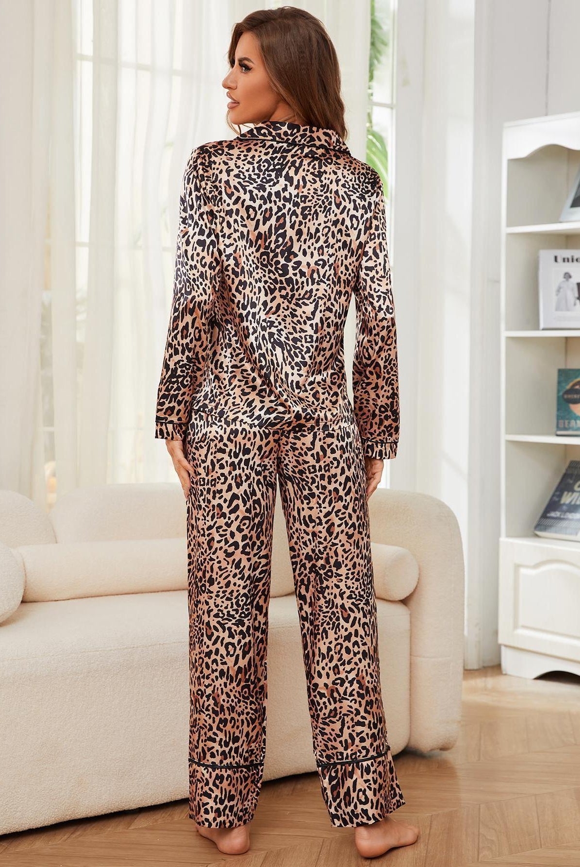 Leopard print satin pajama set featuring winter cardigan leopard design and long sleeve trousers