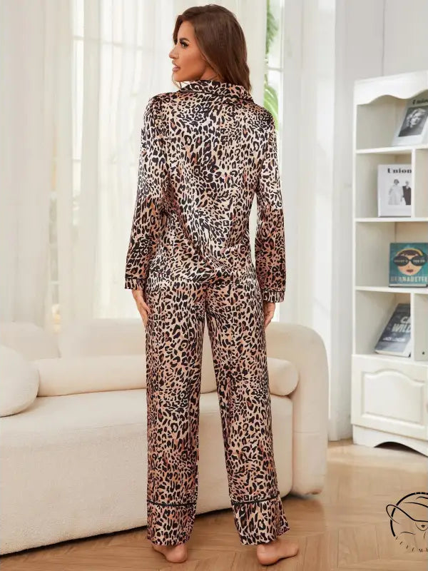 Leopard print winter cardigan pajama set with satin trousers