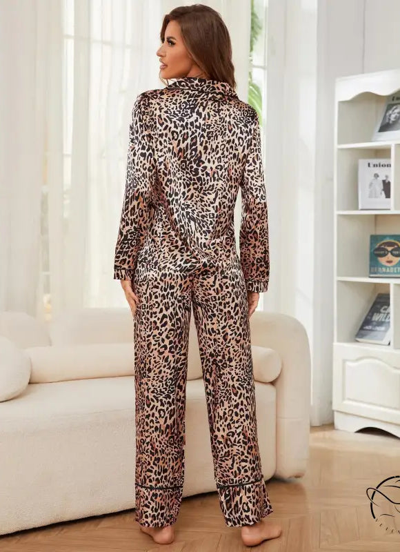 Leopard print winter cardigan pajama set with satin trousers