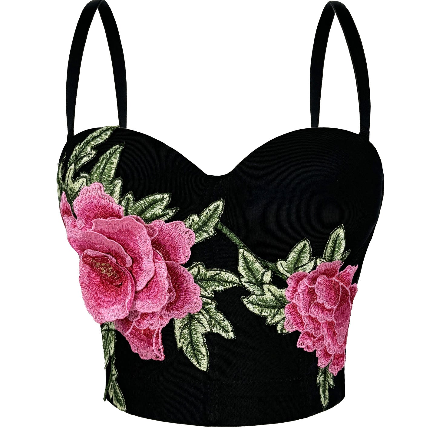 Langry embroidered floral short boning corset in black velvet with pink rose and green leaf details