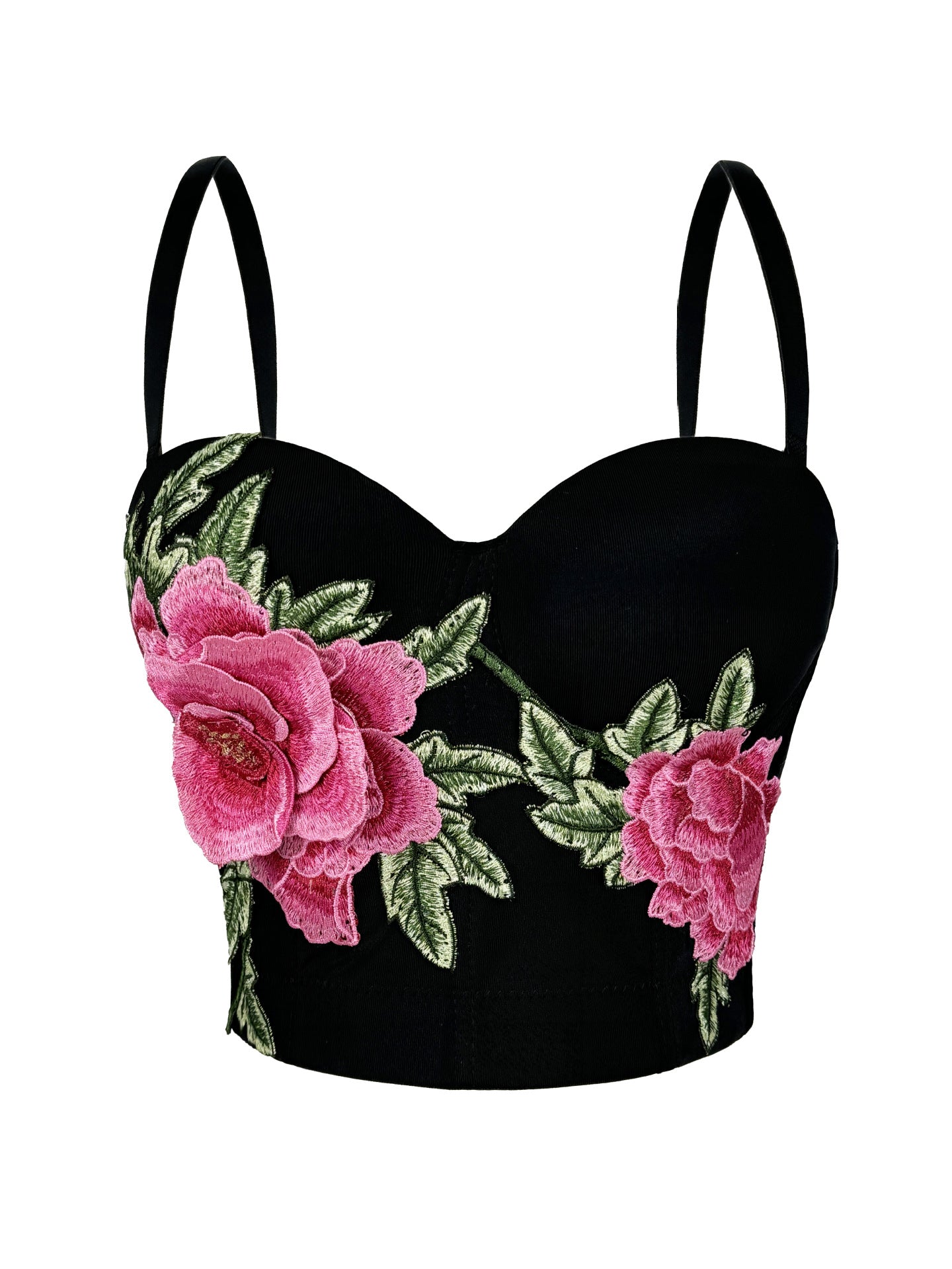 Langry embroidered floral short boning corset in black velvet with pink rose and green leaf details
