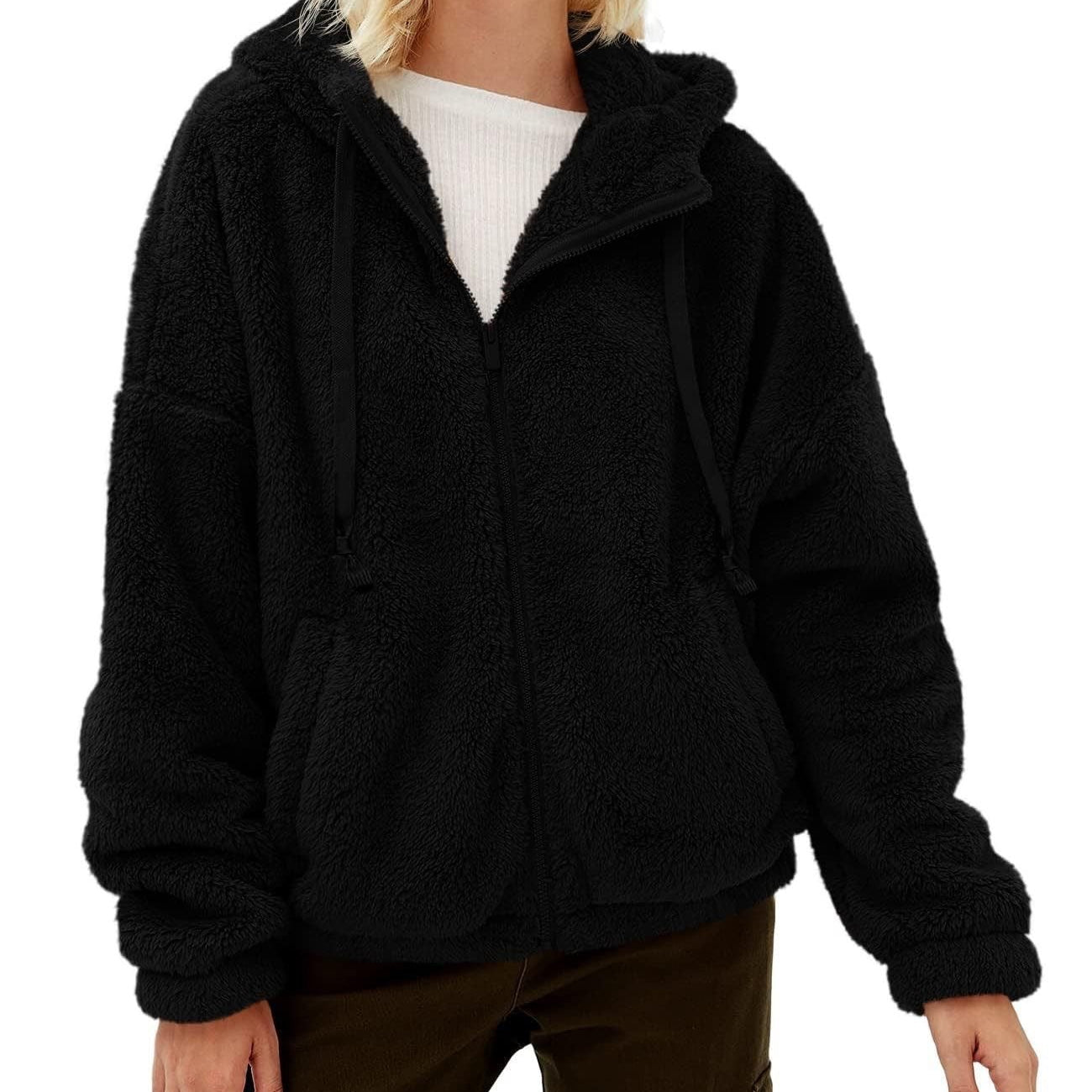 Black hooded sherpa jacket on CUTE FLEECE SWEATER with long sleeve zipper and loose fit