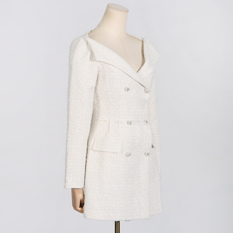 White Tweed Double-Breasted Dress from Off Shoulder Long Sleeve Waist Pocket Stitching High Sense Fashion collection