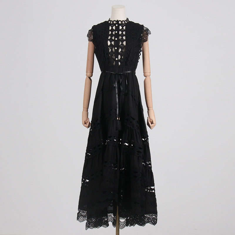 Black lace maxi dress with stand collar, luxurious design, perfect for fashion-conscious occasions