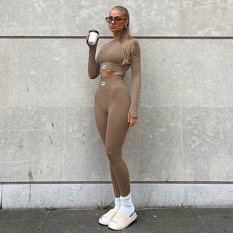 Tan athletic set from the Tight Short Yoga Two Piece Set collection showcasing stylish ملابس for fitness and langry fashion