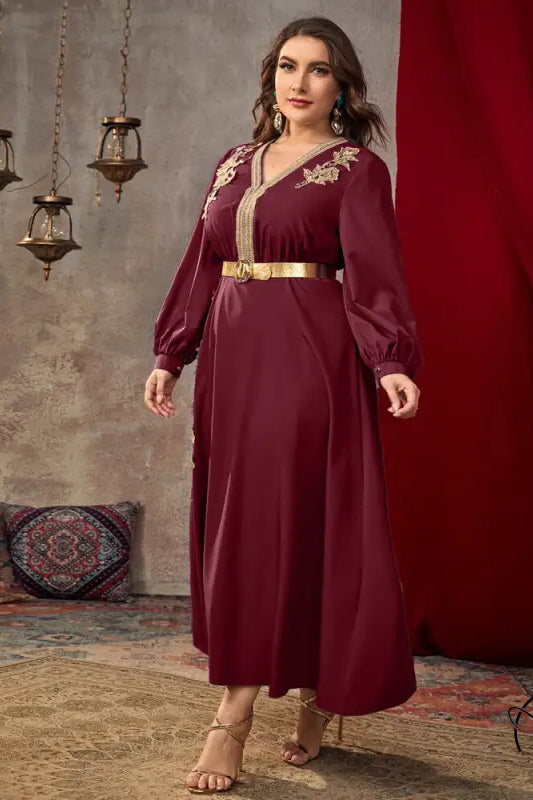 Casual loose high waist A line dress in flowing maroon satin with gold embroidery