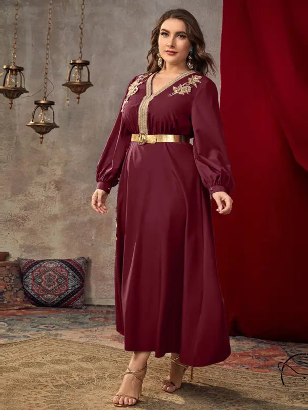Casual loose high waist A line dress in flowing maroon satin with gold embroidery