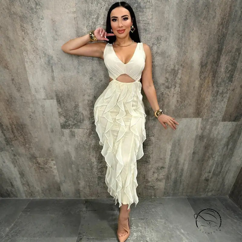 Enchanting ruffled split dress in white with cutout and heels