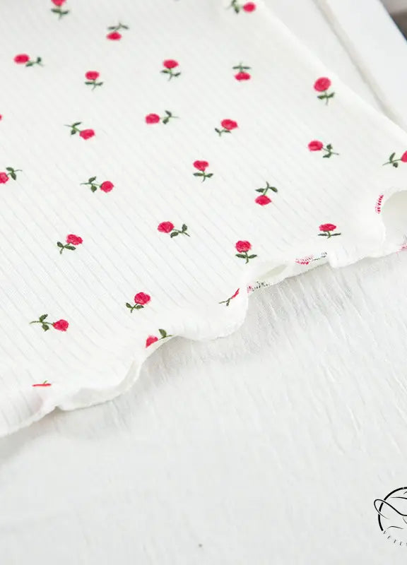 Langry fashion floral print pajamas with white fabric red rose green stem ruffled edge