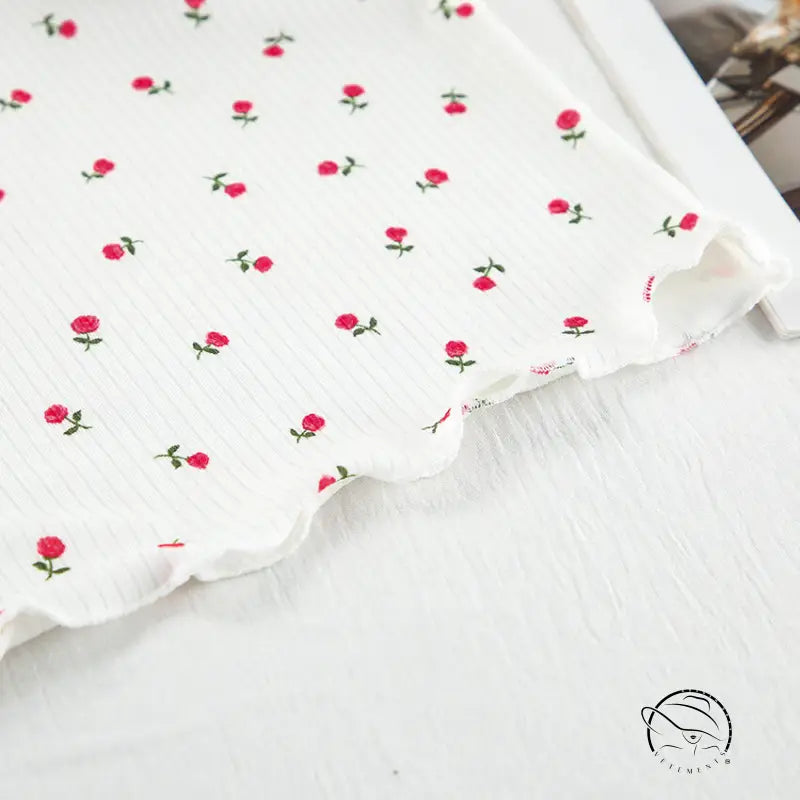 Langry fashion floral print pajamas with white fabric red rose green stem ruffled edge