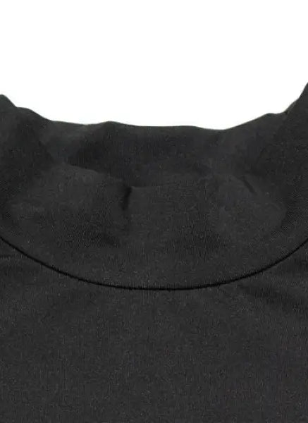 Close-up of solid color hollow cutout cropped tight black mock neck top