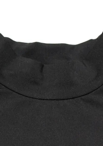 Close-up of solid color hollow cutout cropped tight black mock neck top