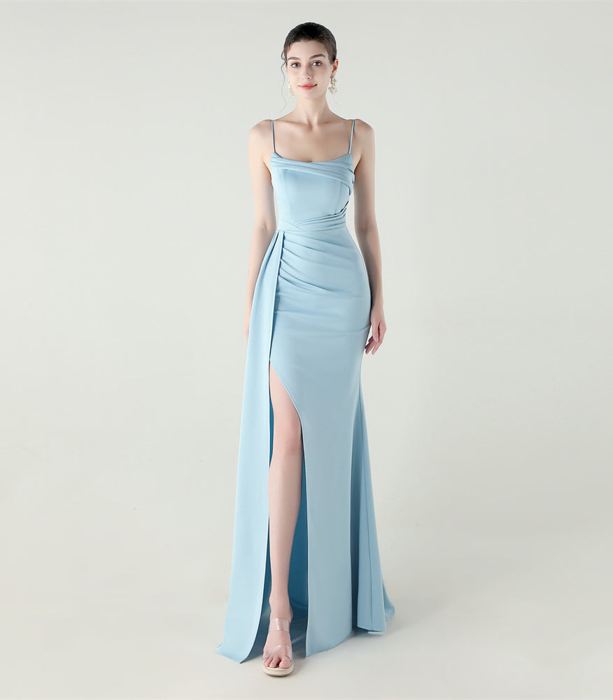 Elegant high slit evening dress in light blue satin langry fashion