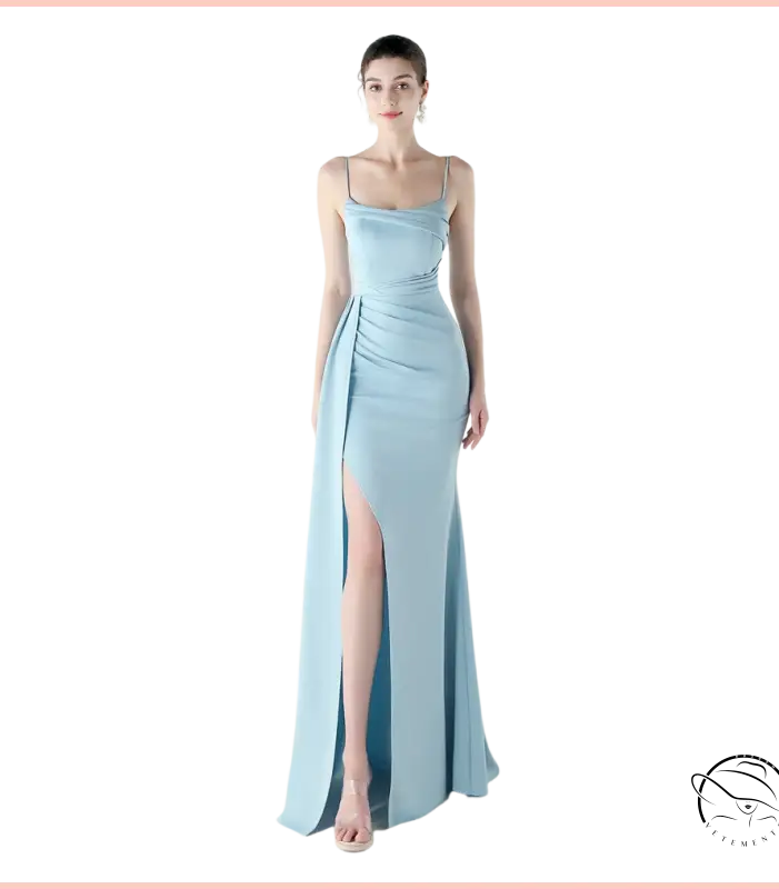Elegant langry high slit evening dress in light blue satin fashion