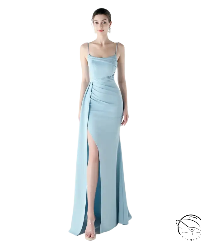 Elegant high slit evening dress in light blue satin, langry fashion ملابس
